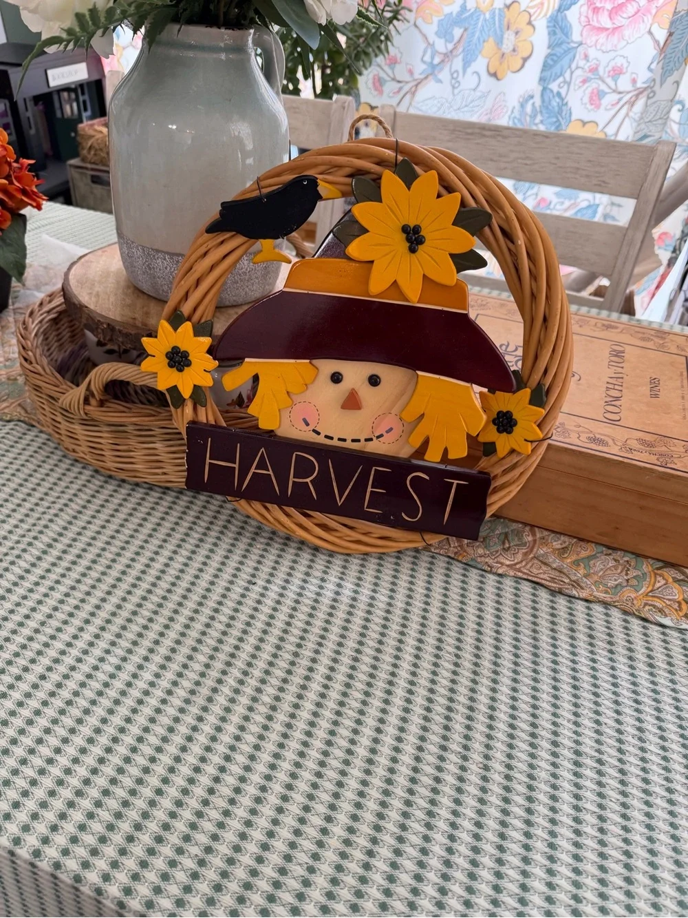 Vintage Harvest Scarecrow Wreath Wall Hanging Decor - Rustic Farmhouse Cottage
